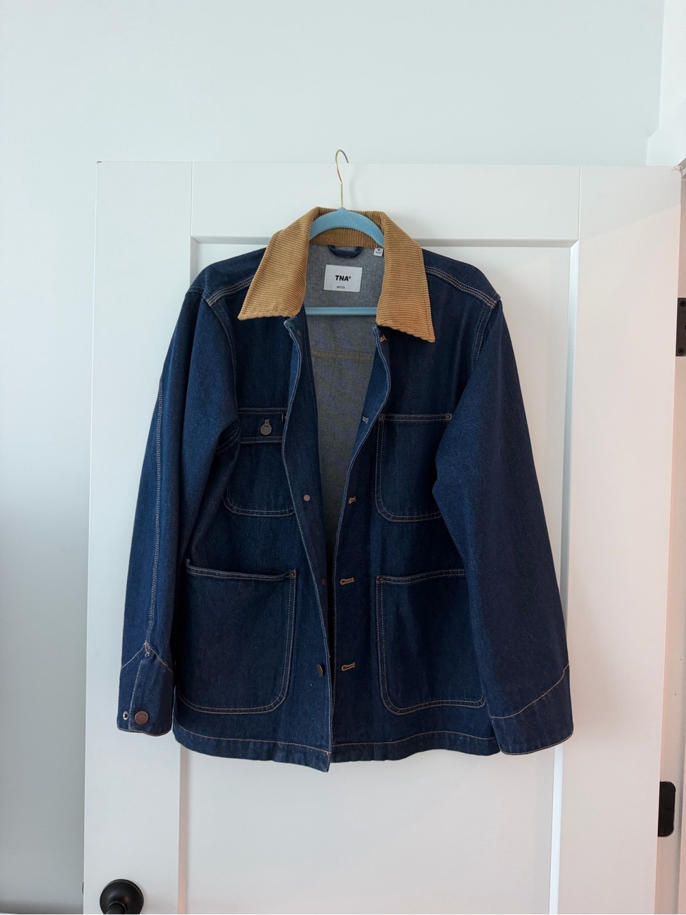 Aritzia Dark Blue Denim Jacket with Tan Corduroy Collar